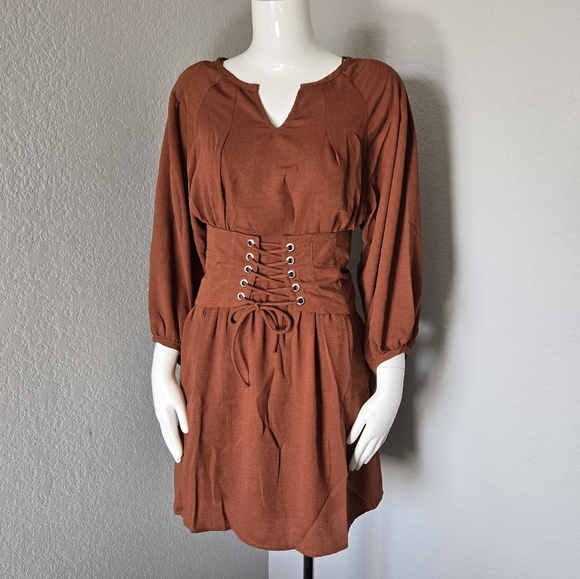 Entro Rust Lace-Up Long Sleeve Dress - Picture 2 of 8